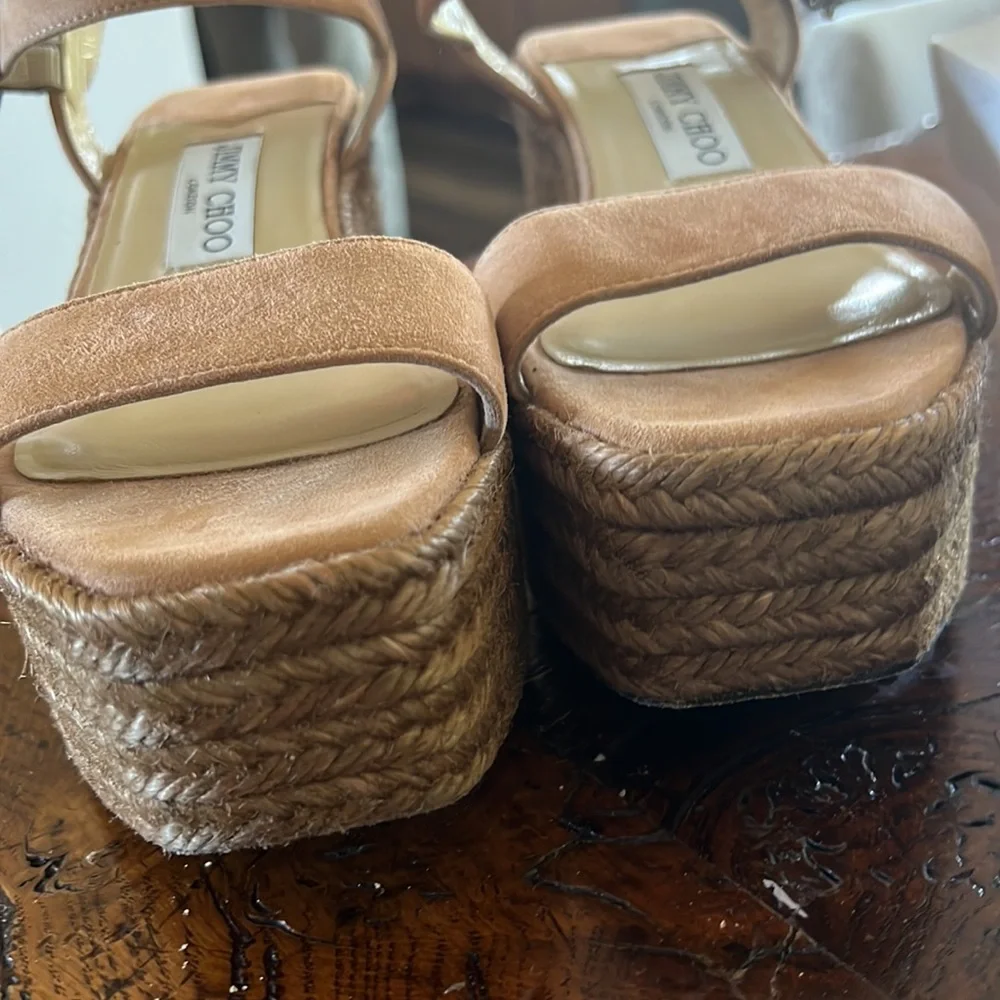 Jimmy Choo Beige Suede Espadrille Wedge Sandals with Crystal Buckle
